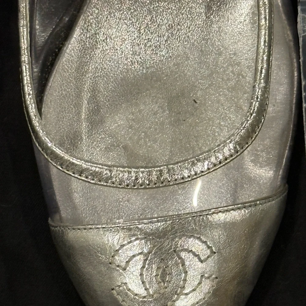 Vintage Chanel Silver Cap Toe Leather and PVC Pumps